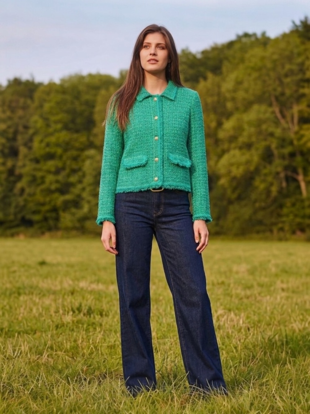 NWT Mango Green Polo Neck Tweed Cardigan Button Up Jacket XS Preppy Spring